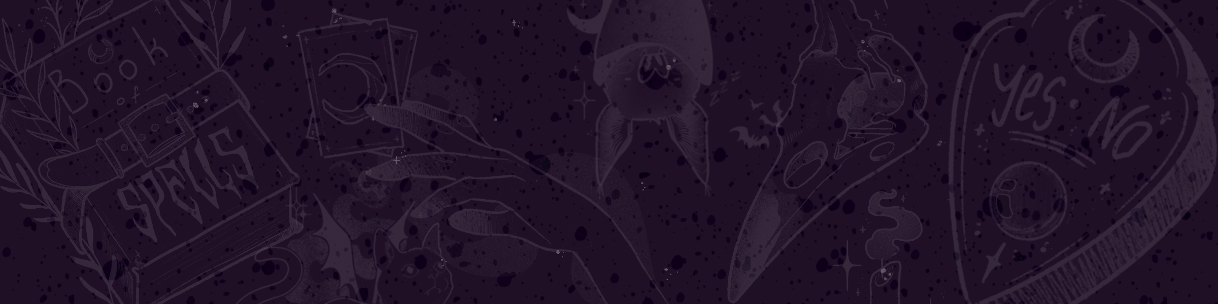 Dark purple background with mix of whimsical tattoo designs done by Alex Lukasiewicz Meow Ink