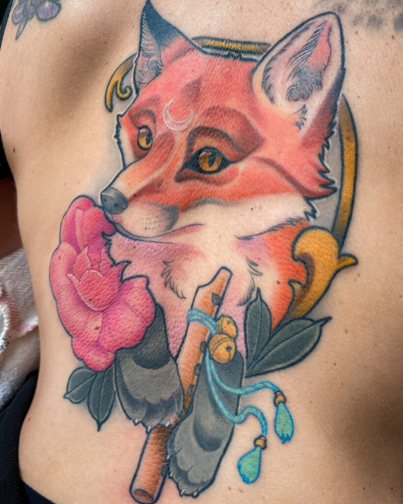 Colorful neotraditional tattoo of fox with pink peony flower and magical flute by Meow Ink Alex Lukasiewicz