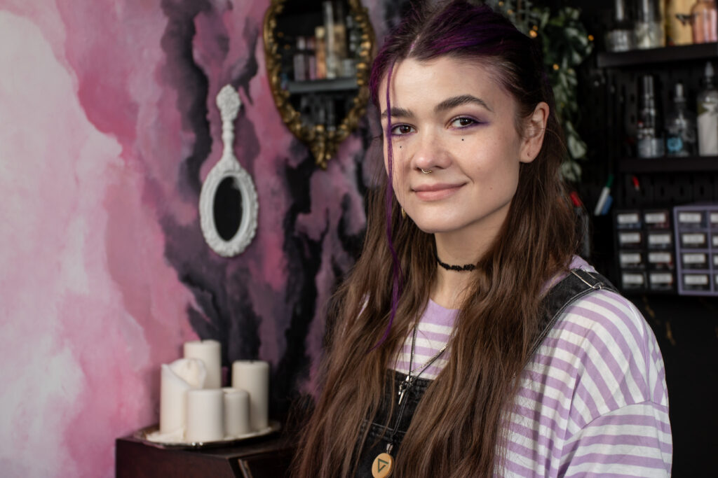 Meow Ink Alex Lukasiewicz, tattoo artist Den Haag based, in her workspace in a private studio.