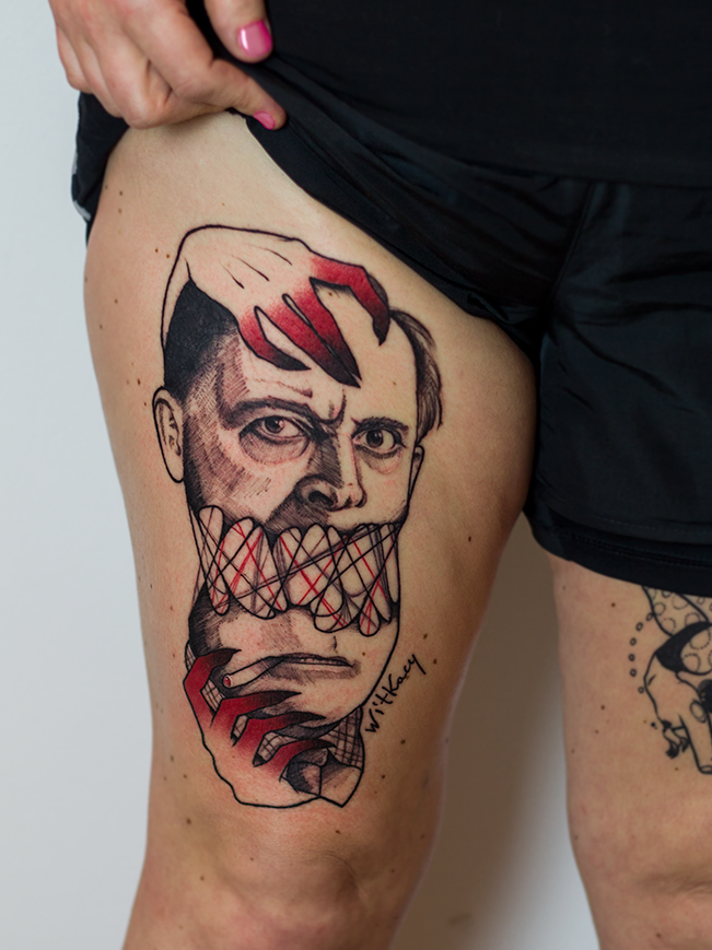 Tattoo portrait of a polish writer and artist, Stanisław "Witkacy" Witkiewicz in illustrative blackwork style. Part of Alex Lukasiewicz's BA diploma project.