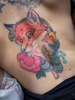 Vibrant neotraditional fox tattoo with peony and flute by Meow Ink Alex Lukasiewicz Colorful neotraditional tattoo of fox with pink peony flower and magical elements by Meow Ink Alex Lukasiewicz