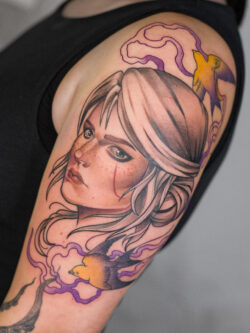 Neotraditional portrait tattoo of Ciri from The Witcher, with swallows symbolizing her Elder Speech name Zirael Portrait tattoo of Ciri from The Witcher with two swallows, neotraditional style by Meow Ink Alex Lukasiewicz