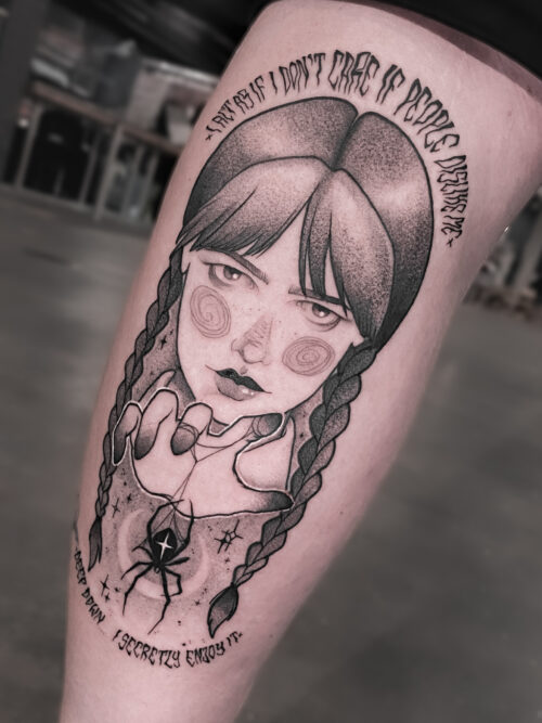Illustrative blackwork tattoo of Wednesday Addams by Meow Ink Alex Lukasiewicz in Den Haag Wednesday Addams blackwork tattoo by Meow Ink Alex Lukasiewicz in Den Haag